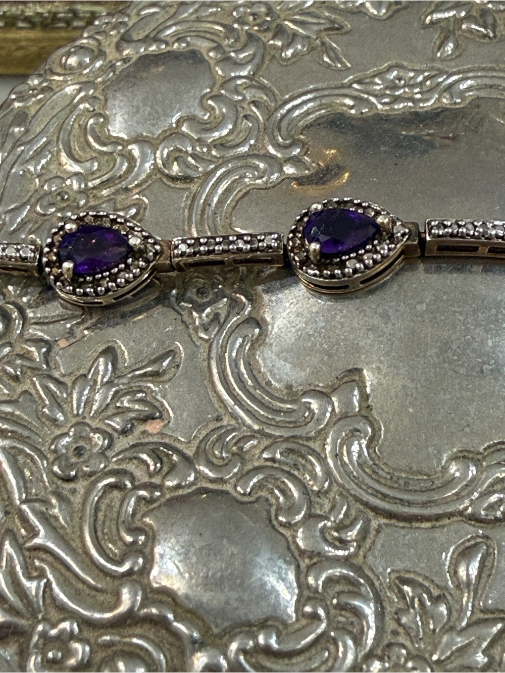 Sterling Silver Gold Overlay Natural Amethyst Teardrop Tennis Bracelet - Picture 6 of 8